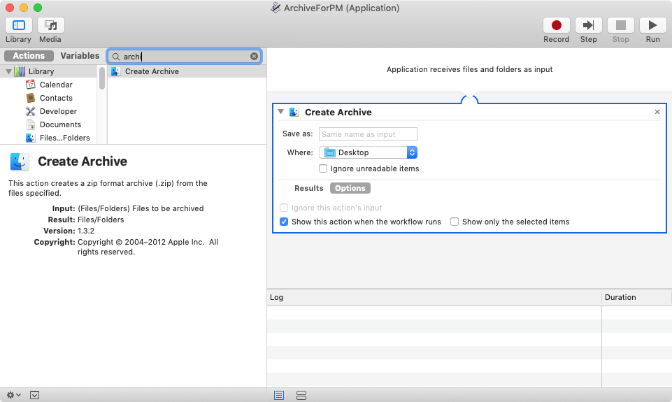 zip a files with automator for mac