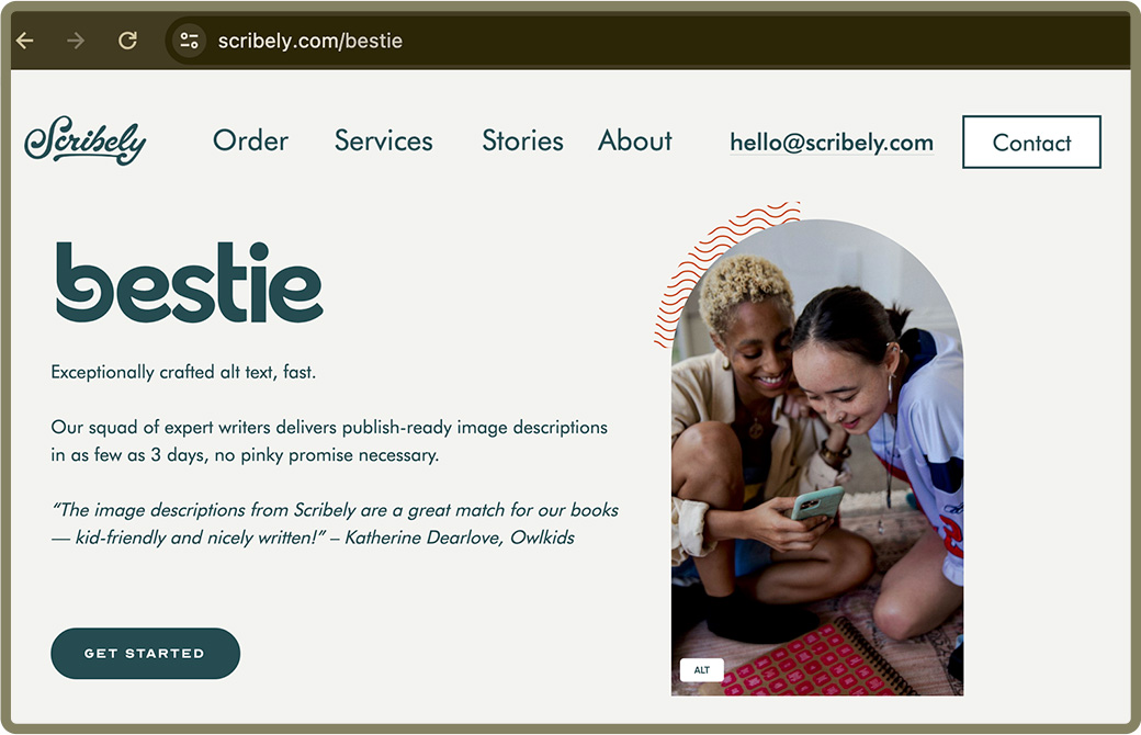 Screenshot of the Bestie service on Scribely.com's website with tagline: 