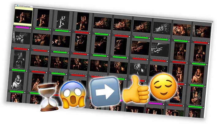 A Photo Mechanic contact sheet with emoji leading from stressed to satisfied